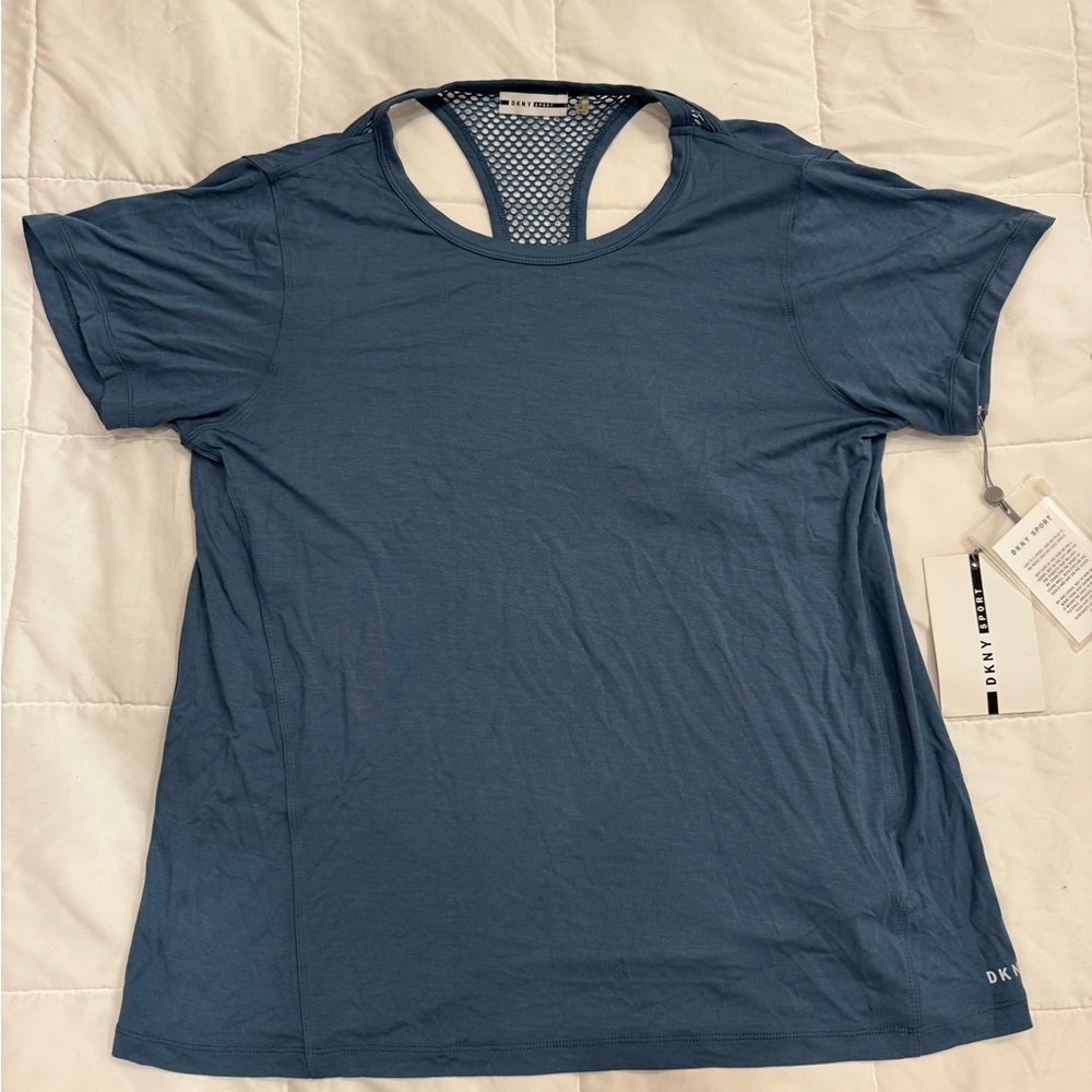 DKNY Women's Teal Short Sleeve Top with Mesh Detail